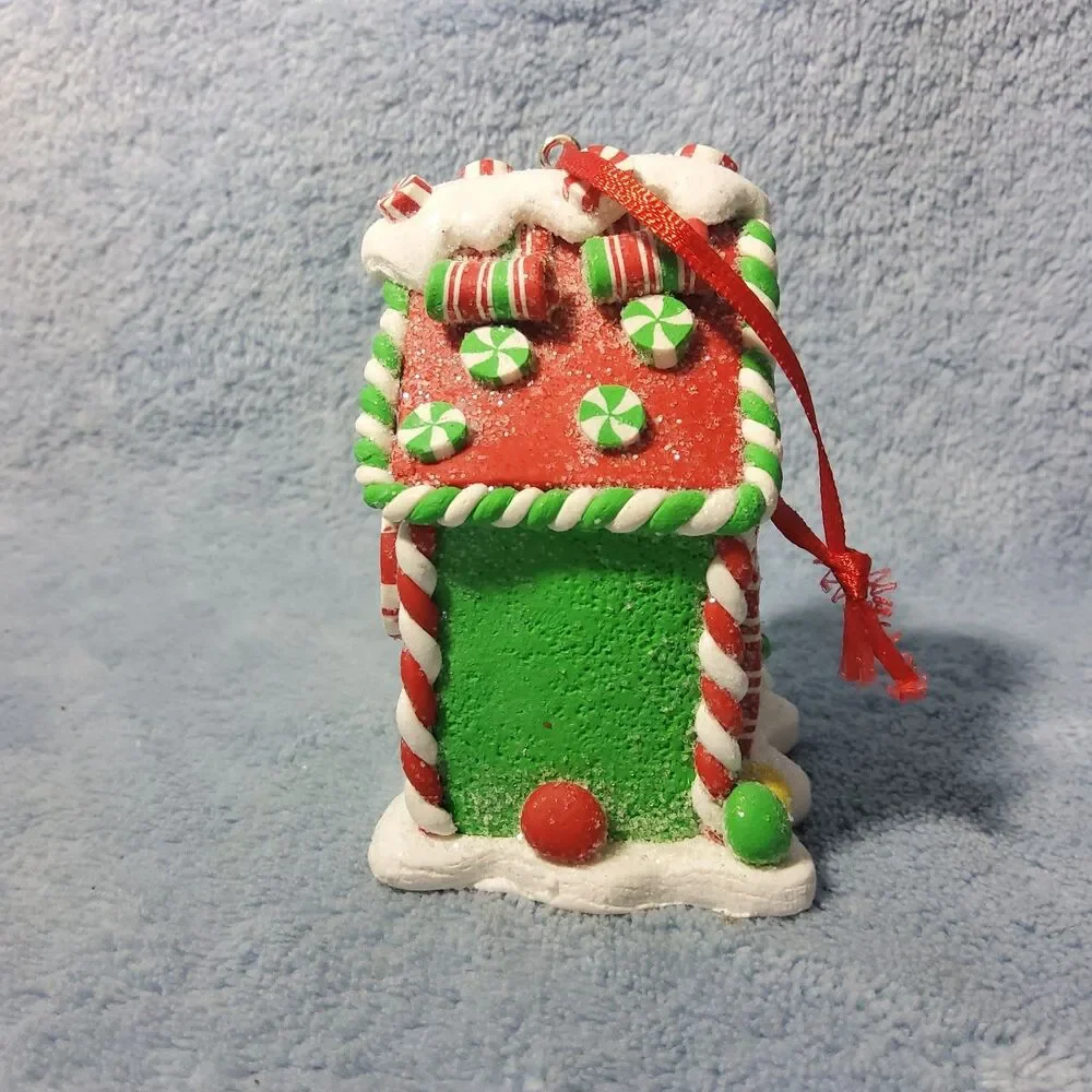 Green Gingerbread House Christmas Ornament Peppermint Candy Cane Clay Dough 3.25